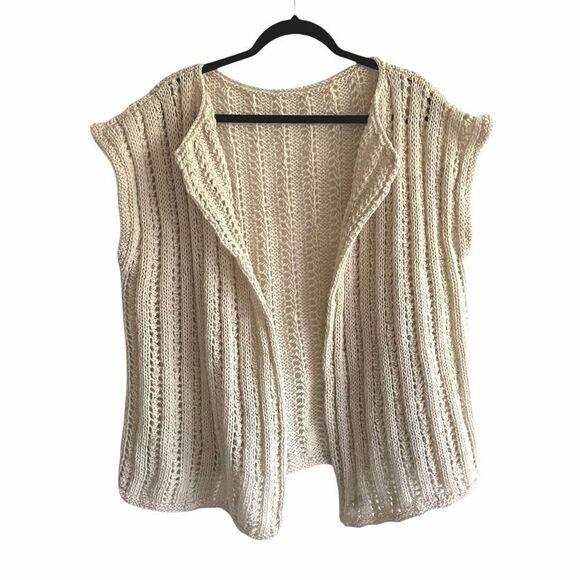 HAND KNIT Boho Chunky Wool Oversized Sleeveless Cardigan Vest Sweater Cream L - Picture 1 of 2